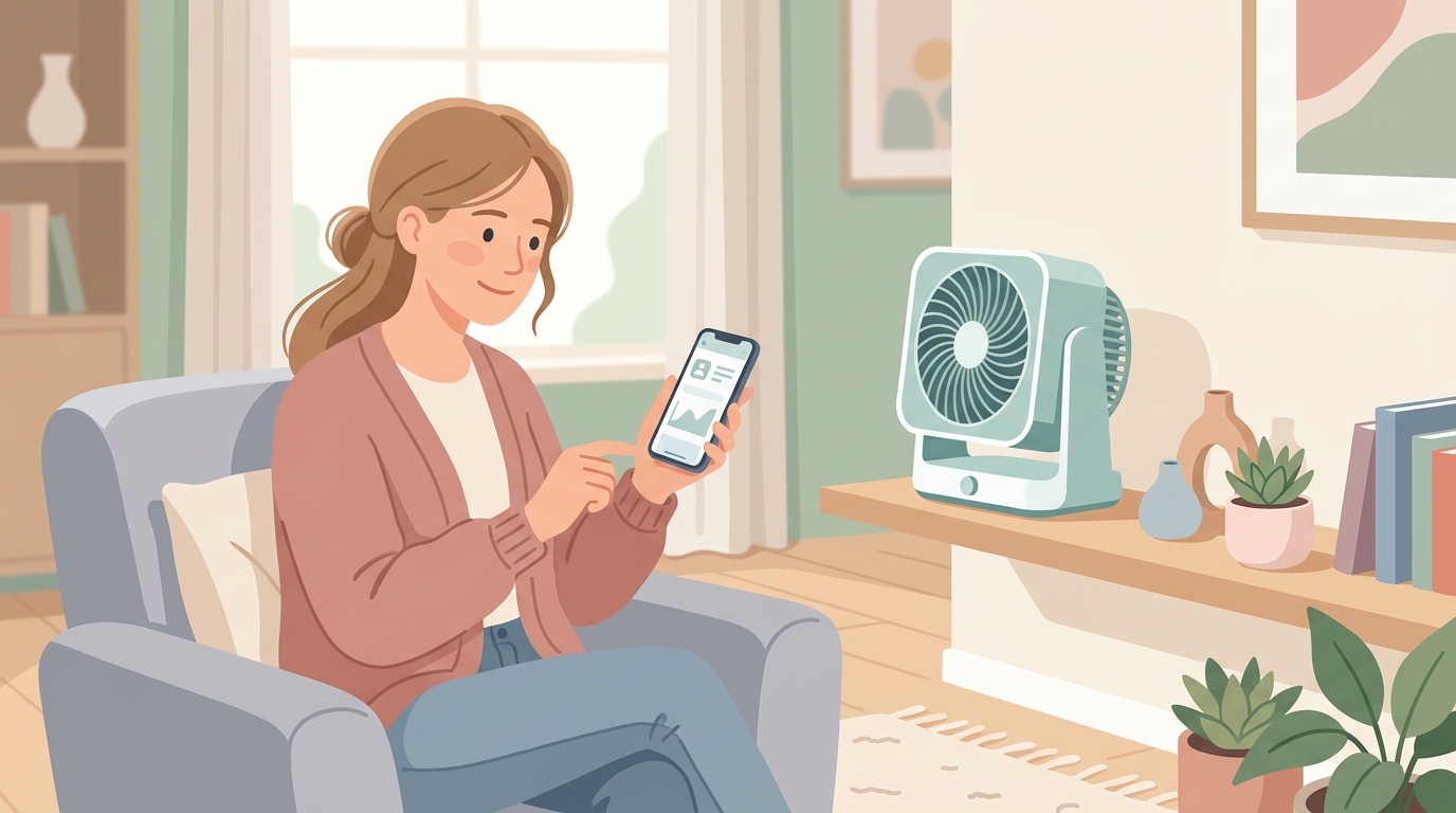 KOCEEYサーキュレーターとスマートフォンでレビューを確認する女性のイラスト