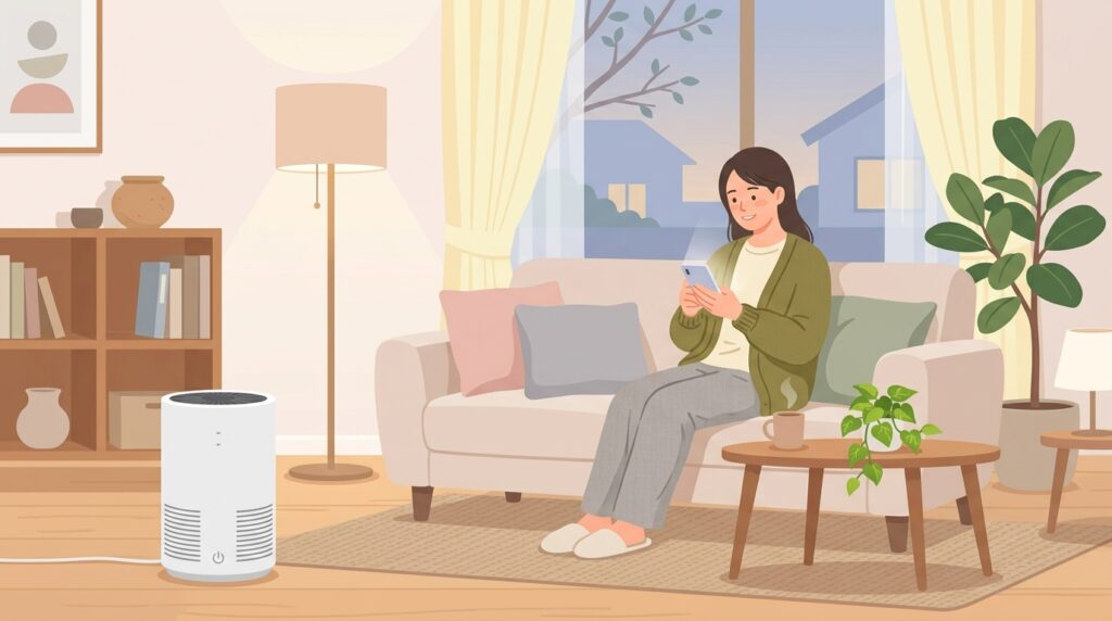 Levoitの空気清浄機が置かれたリビングでスマートフォンを見て安心する女性のイラスト