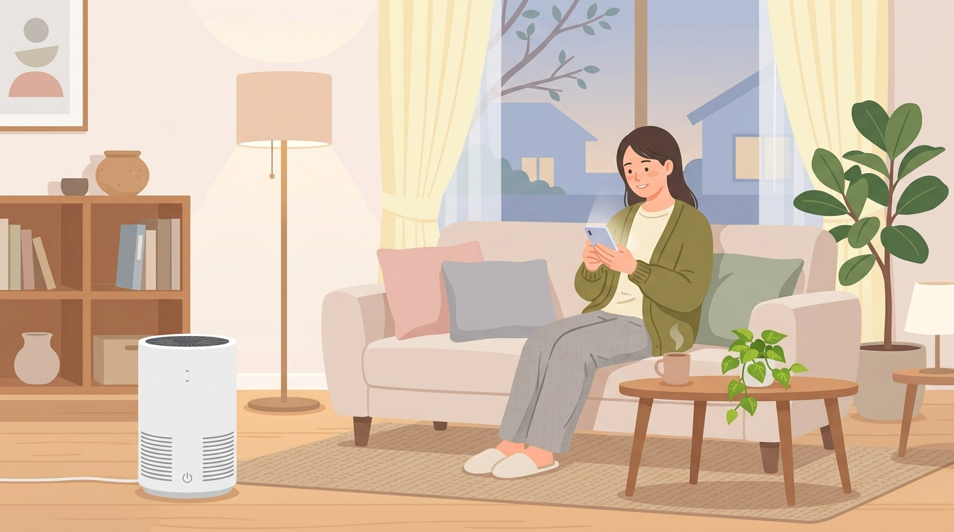 Levoitの空気清浄機が置かれたリビングでスマートフォンを見て安心する女性のイラスト