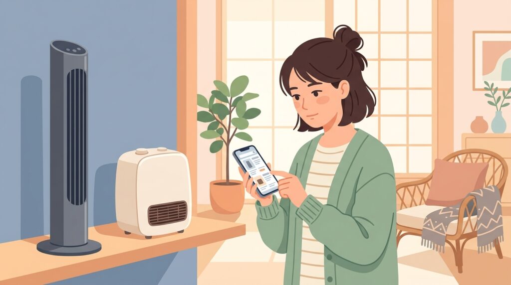 LRIOのタワーファンとセラミックヒーターを調べる30代女性のイラスト