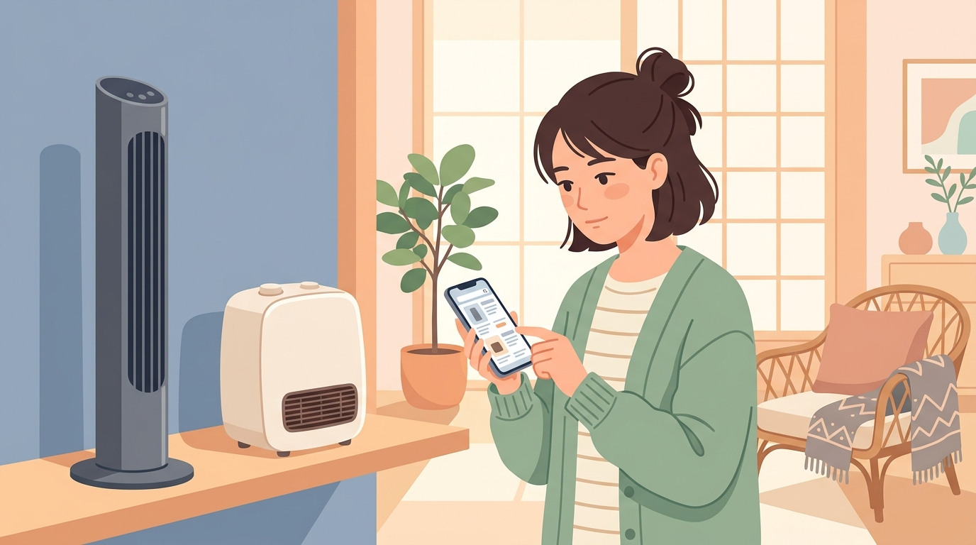 LRIOのタワーファンとセラミックヒーターを調べる30代女性のイラスト