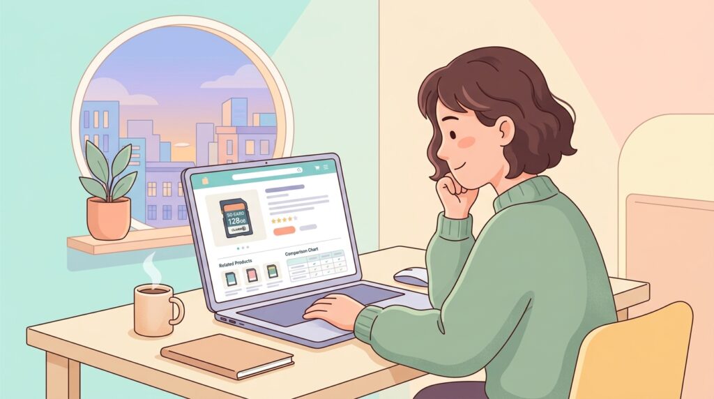 メモリカードをオンラインショップで調べる人のイラスト