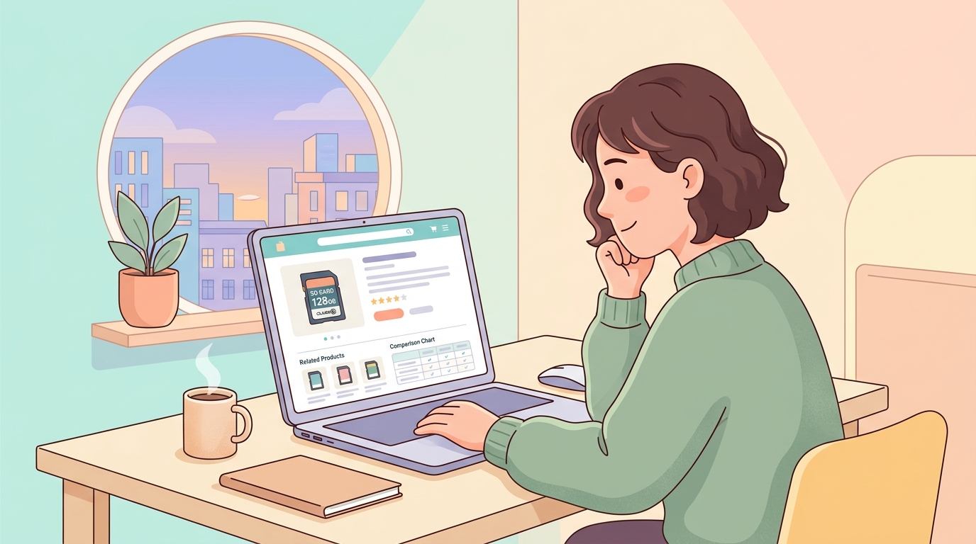 メモリカードをオンラインショップで調べる人のイラスト