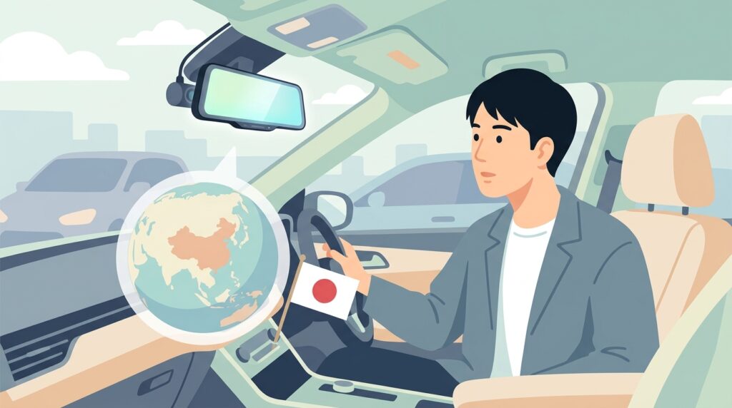 ミラー型ドラレコとブランドの出自を調べる男性のイラスト