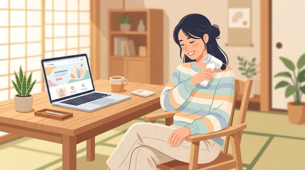 MYTREXのマッサージガンを使う日本人女性と公式サイトが映るラップトップのイラスト