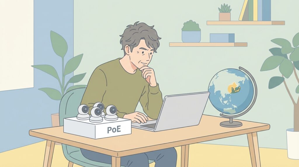 JENNOVの防犯カメラとPoE接続を調べる男性のイラスト