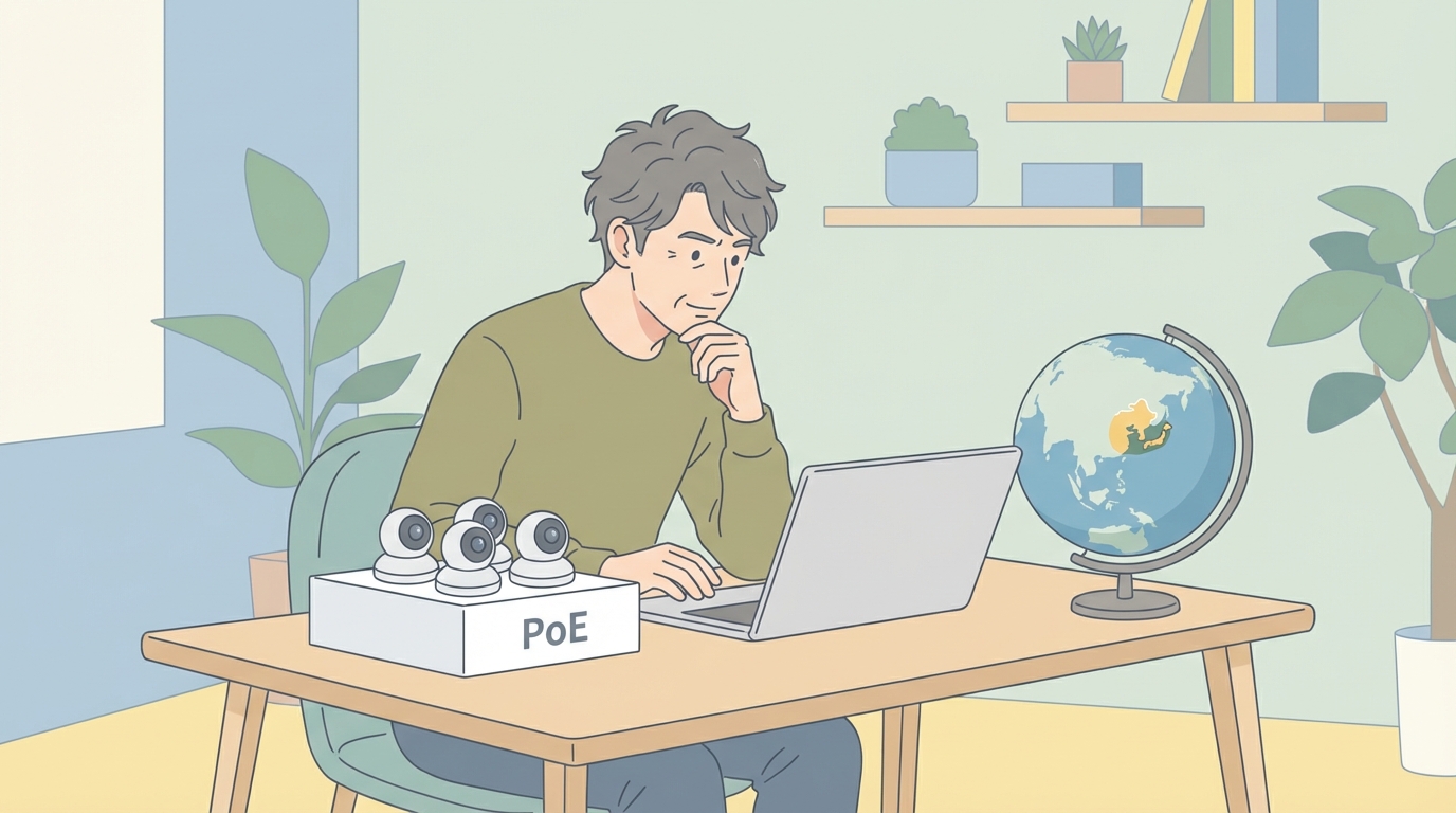 JENNOVの防犯カメラとPoE接続を調べる男性のイラスト
