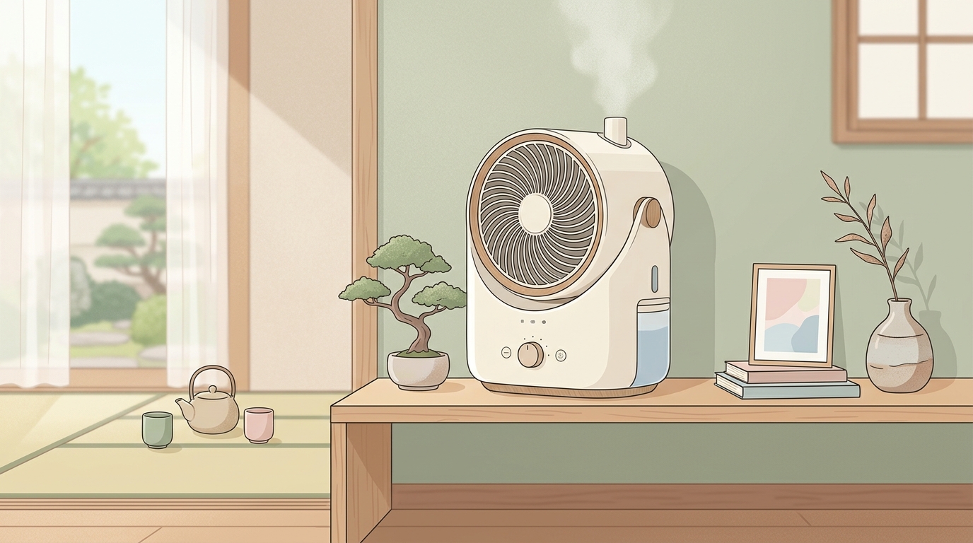 QUADSブランドの家電製品（サーキュレーターと加湿器）が日本風のインテリアに飾られているイラスト