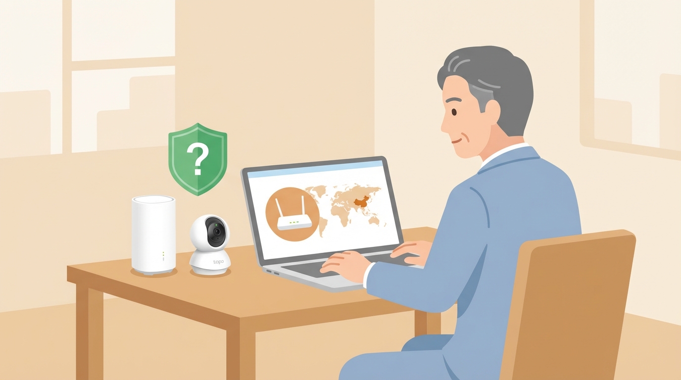 Wi-Fiルーターの製造国を調べるビジネスマンのイラスト