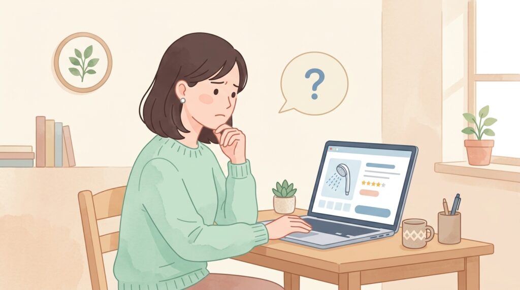 Amazonでシャワーヘッドを調べて迷っている30代女性のイラスト
