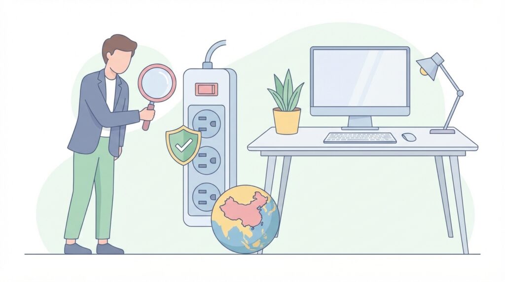 電源タップの安全性を調査する男性と地球儀のイラスト