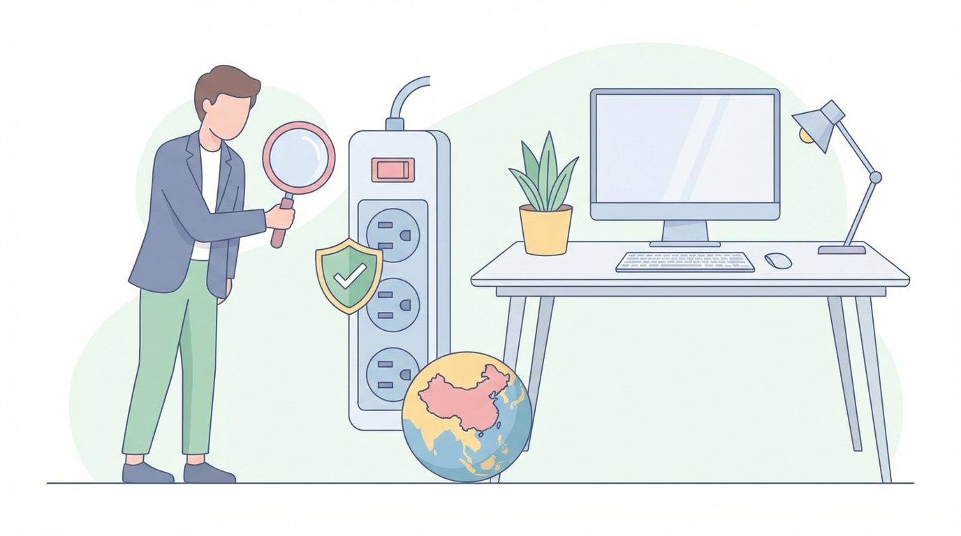 電源タップの安全性を調査する男性と地球儀のイラスト
