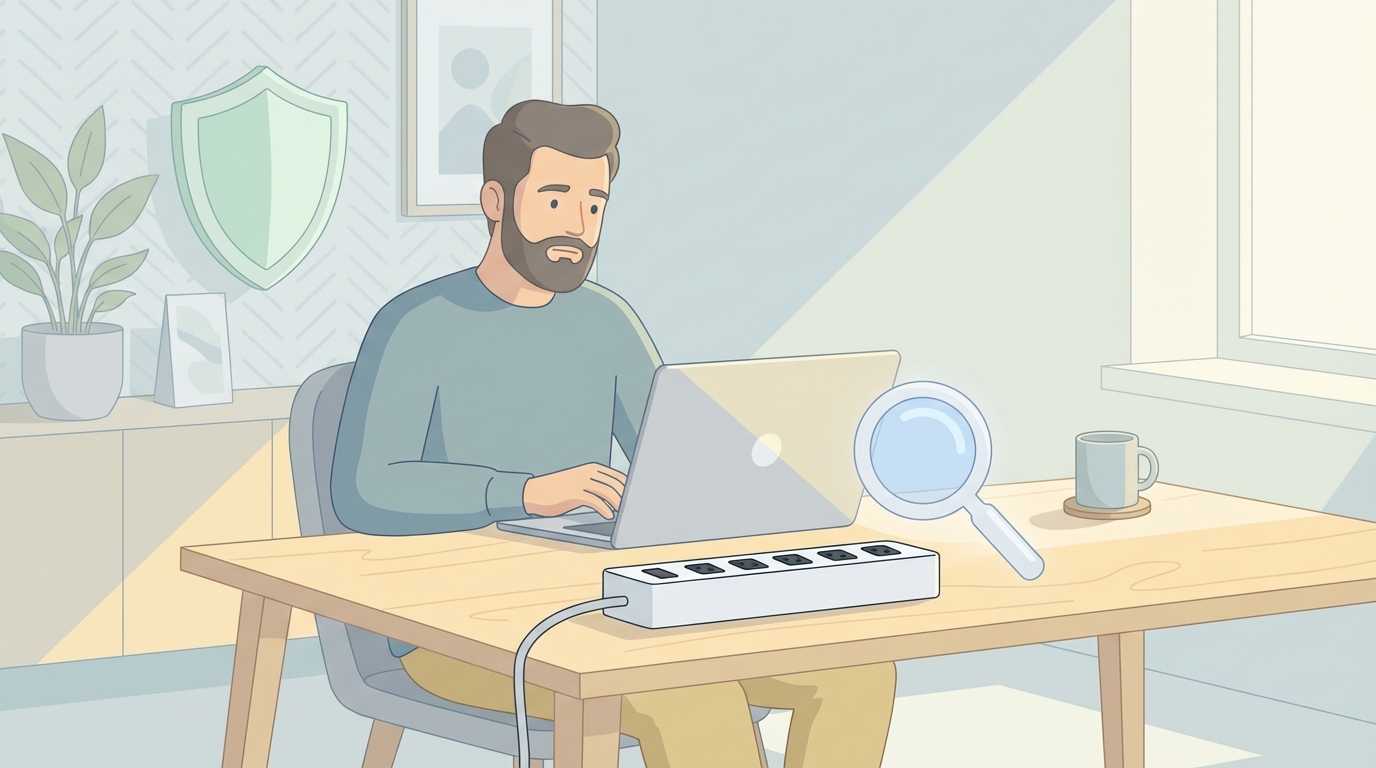 電源タップの安全性を調べる男性のイラスト