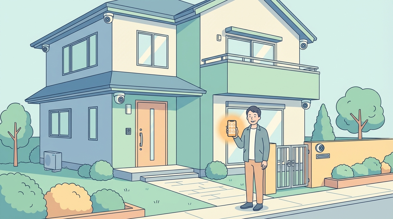 戸建て住宅に防犯カメラを設置しスマートフォンで確認する男性のイラスト