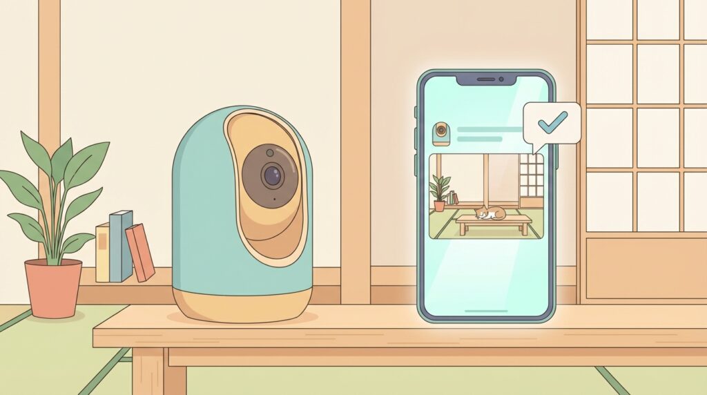 スマートホームセキュリティカメラとスマートフォンのフラットイラスト