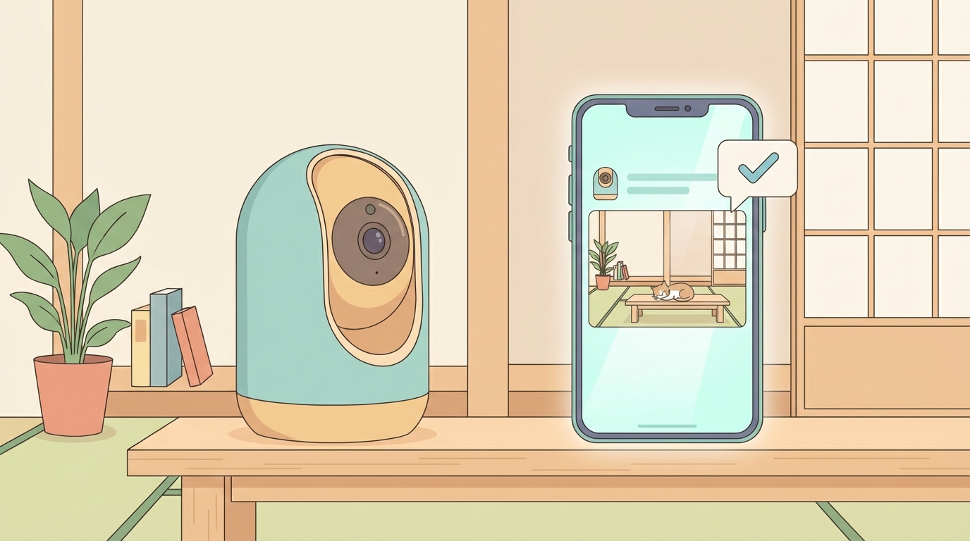 スマートホームセキュリティカメラとスマートフォンのフラットイラスト