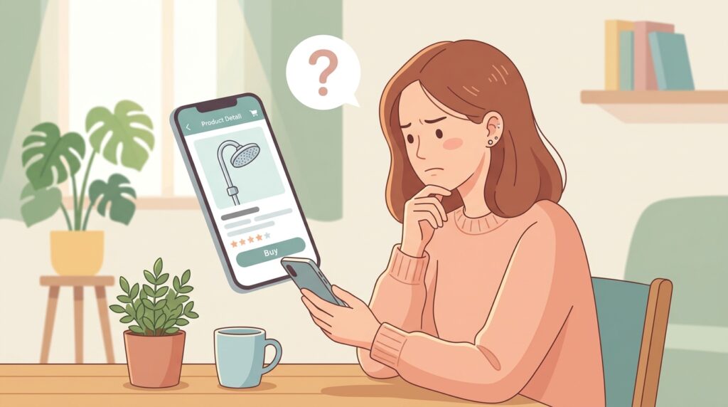 不安そうにスマホでシャワーヘッドを調べる女性のイラスト