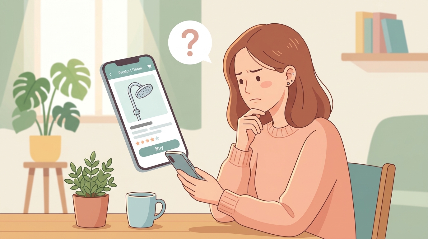 不安そうにスマホでシャワーヘッドを調べる女性のイラスト