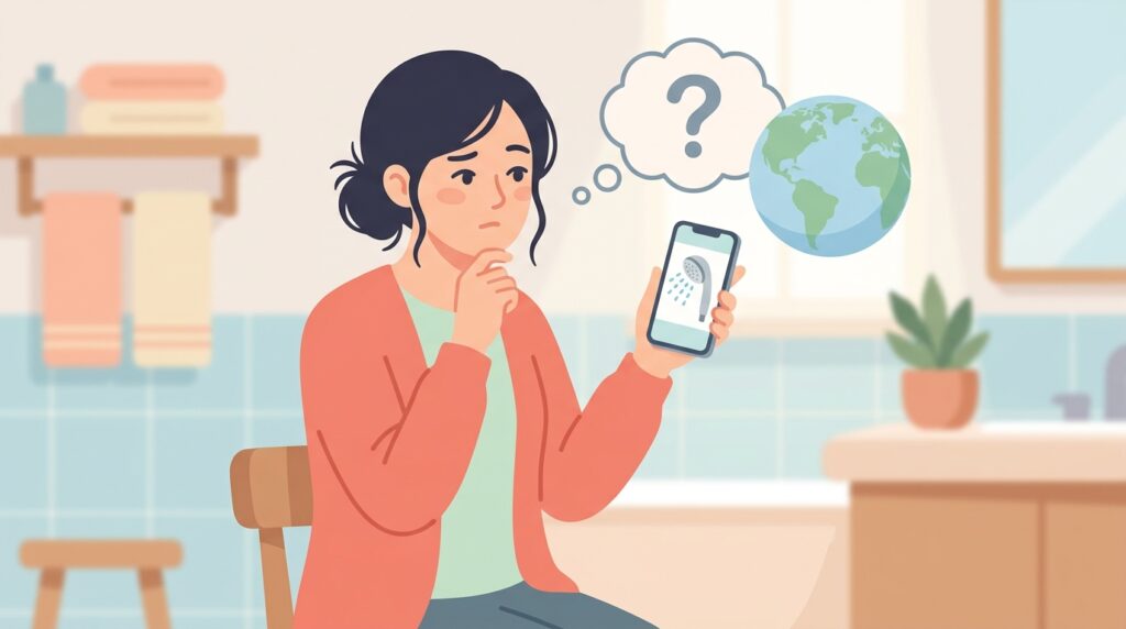 Amazonでシャワーヘッドを見たスマートフォンを持つ女性と疑問符・地球儀のイラスト