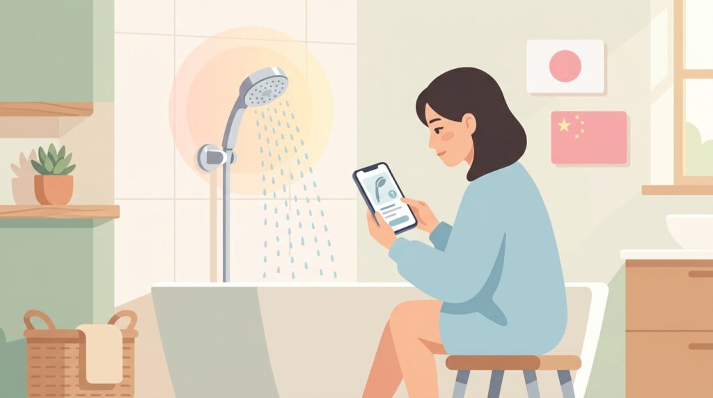 Kamozuloシャワーヘッドのブランド出身国を調べる女性のイラスト