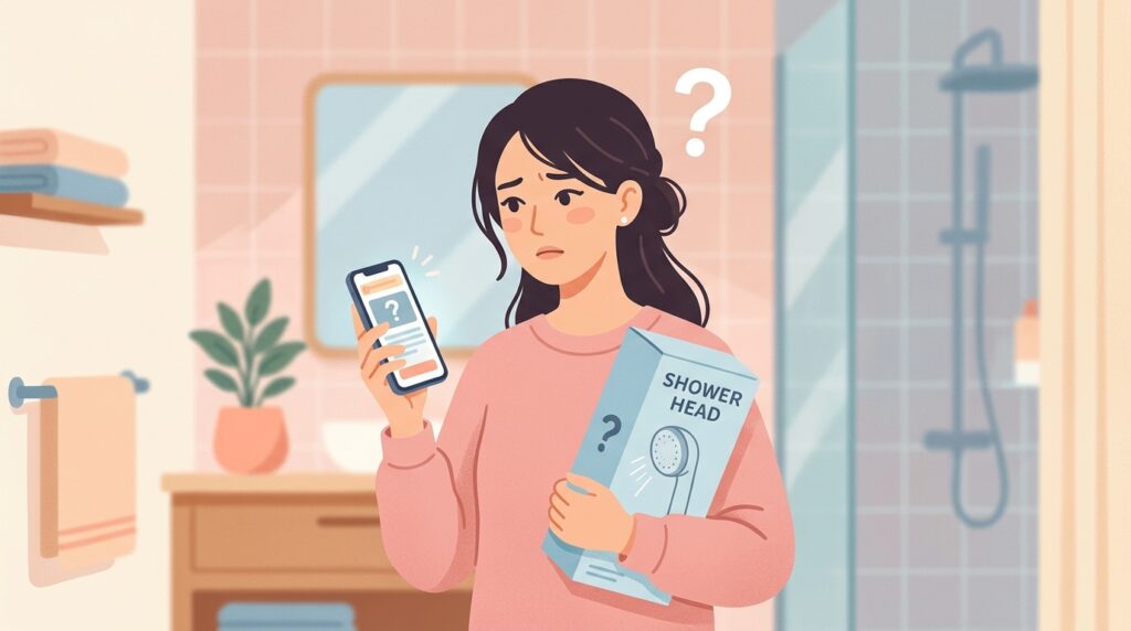 Eaimiuのシャワーヘッドを手に持ち、スマートフォンで調べる女性のイラスト