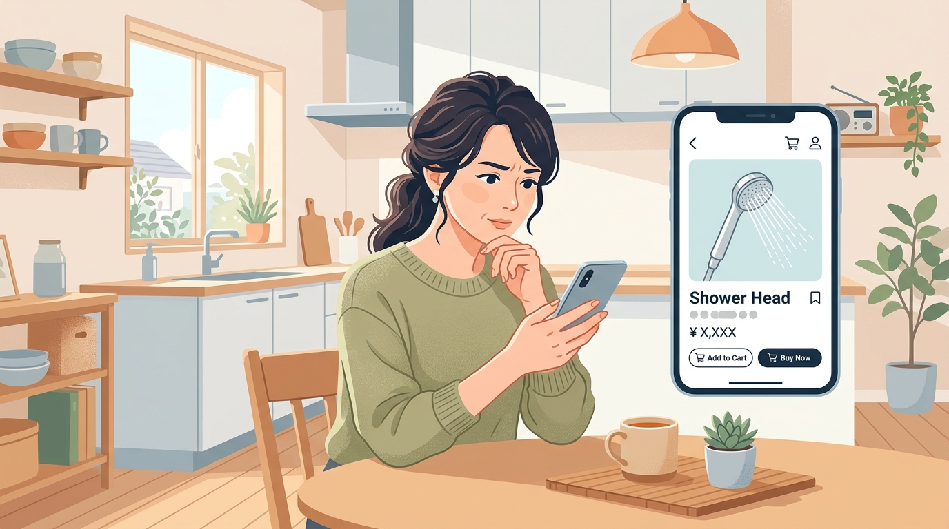 スマホでシャワーヘッドのECサイトを不安そうに確認する女性のイラスト