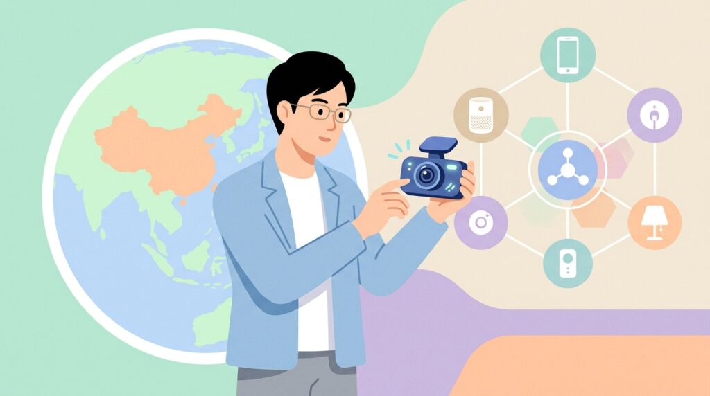 AI搭載ドラレコとXiaomiエコシステムを調べる男性のイラスト