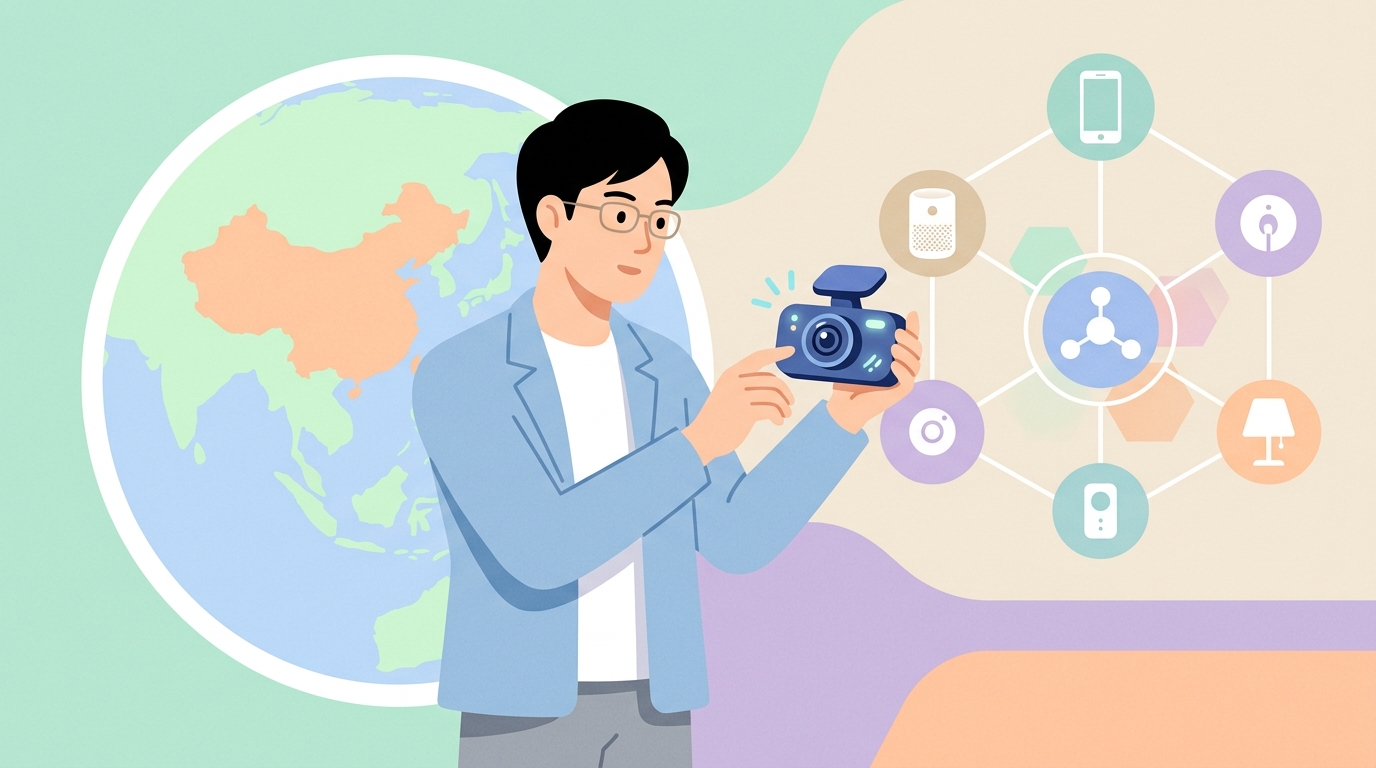 AI搭載ドラレコとXiaomiエコシステムを調べる男性のイラスト