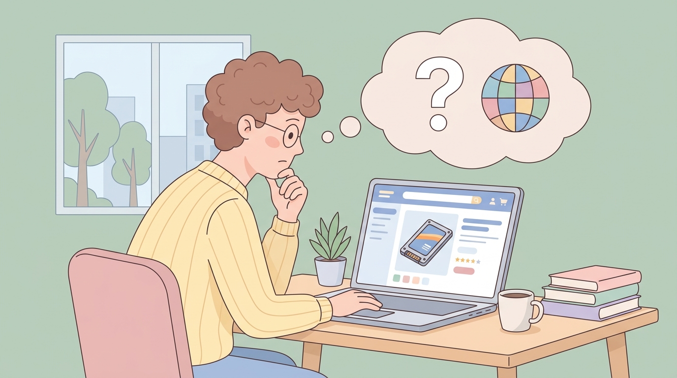 SSDの購入を検討しながらブランドの国籍を調べる男性のイラスト