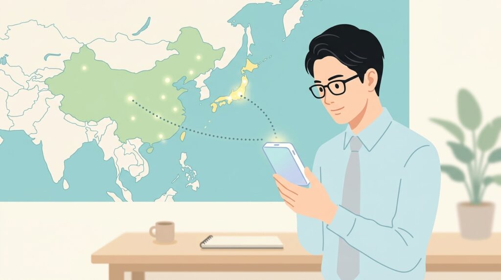 MonsterStorageブランドの国籍を調べる男性とアジア地図のイラスト