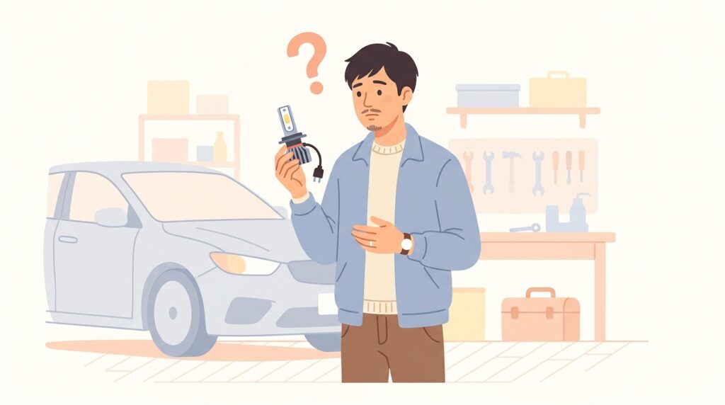 SUPAREEのLEDヘッドライトを手に疑問を持つ男性のイラスト