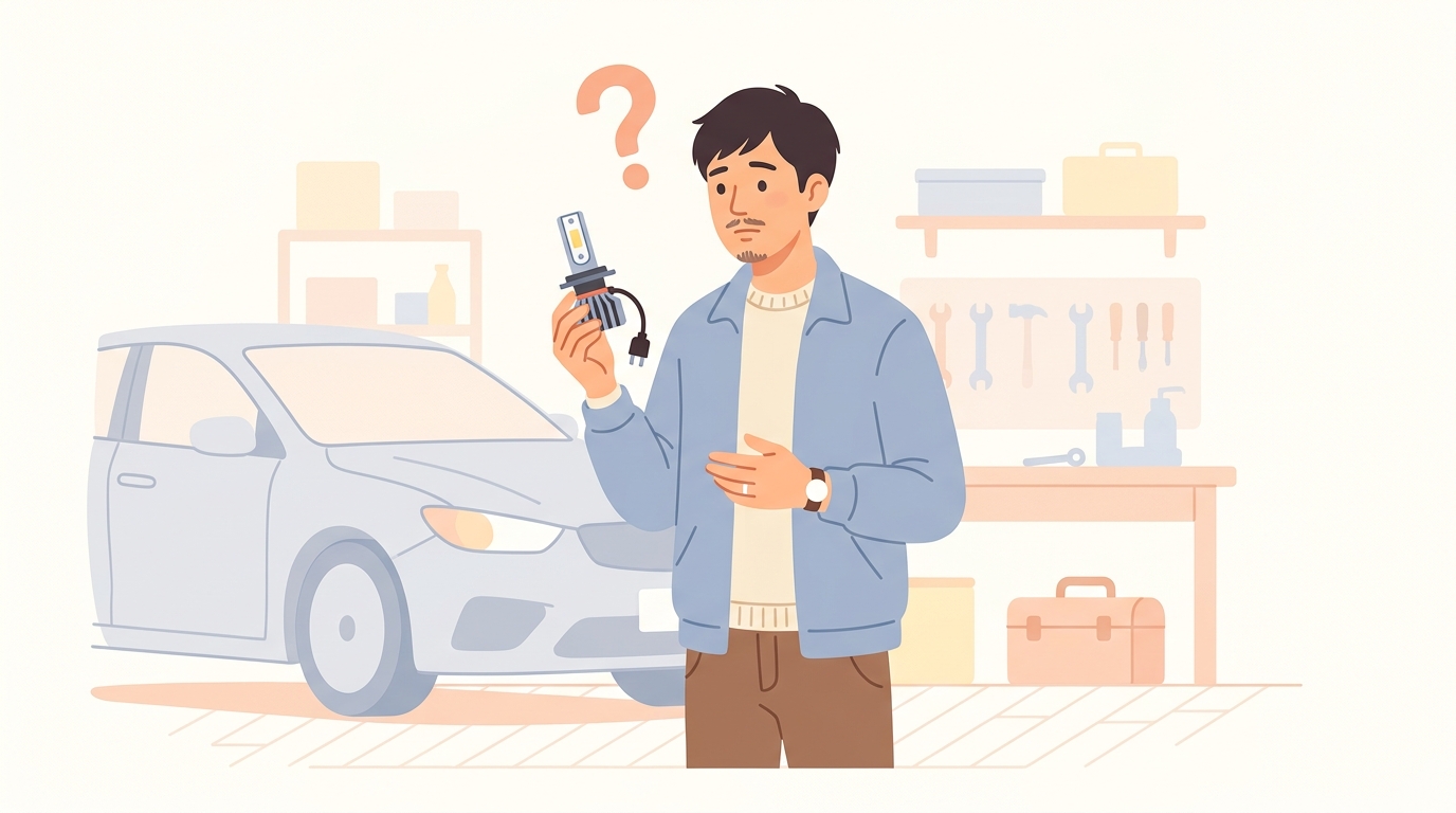 SUPAREEのLEDヘッドライトを手に疑問を持つ男性のイラスト