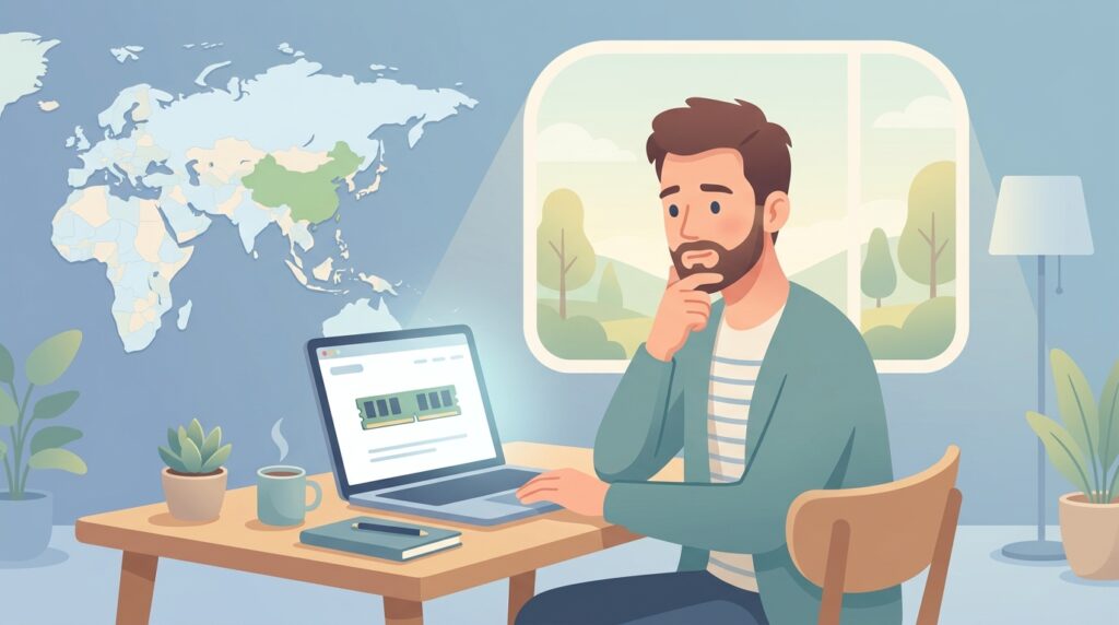 TECMIYOのメモリをパソコンで調べる男性と世界地図のイラスト