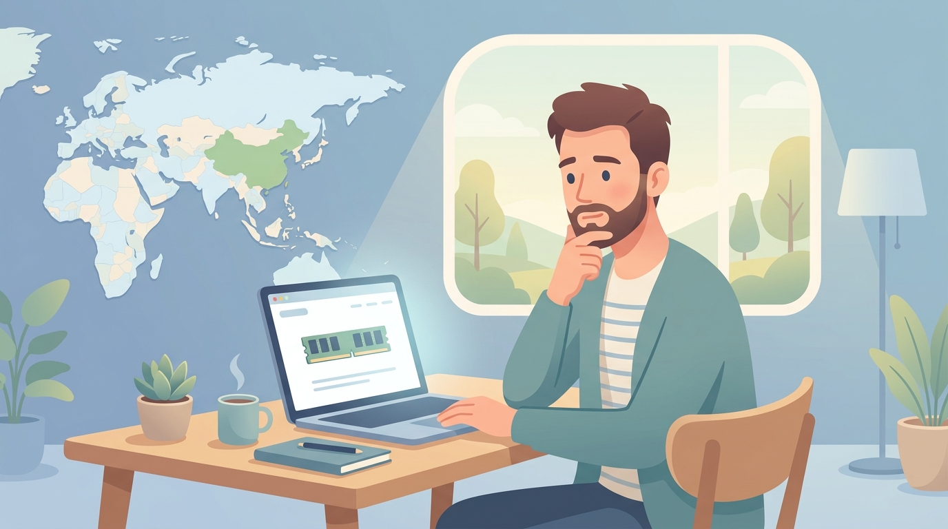 TECMIYOのメモリをパソコンで調べる男性と世界地図のイラスト