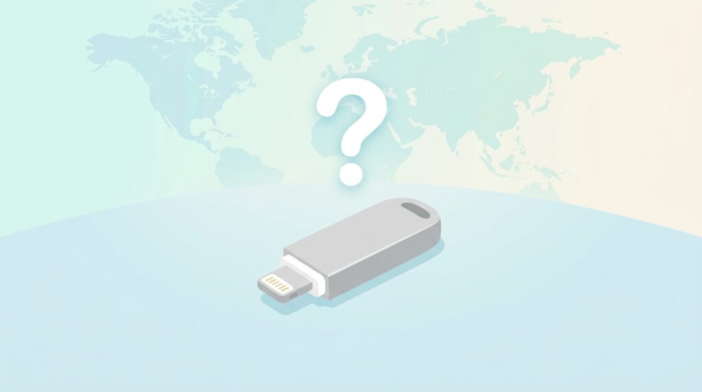 VACKiit USBメモリと世界地図で出身国を示すフラットイラスト