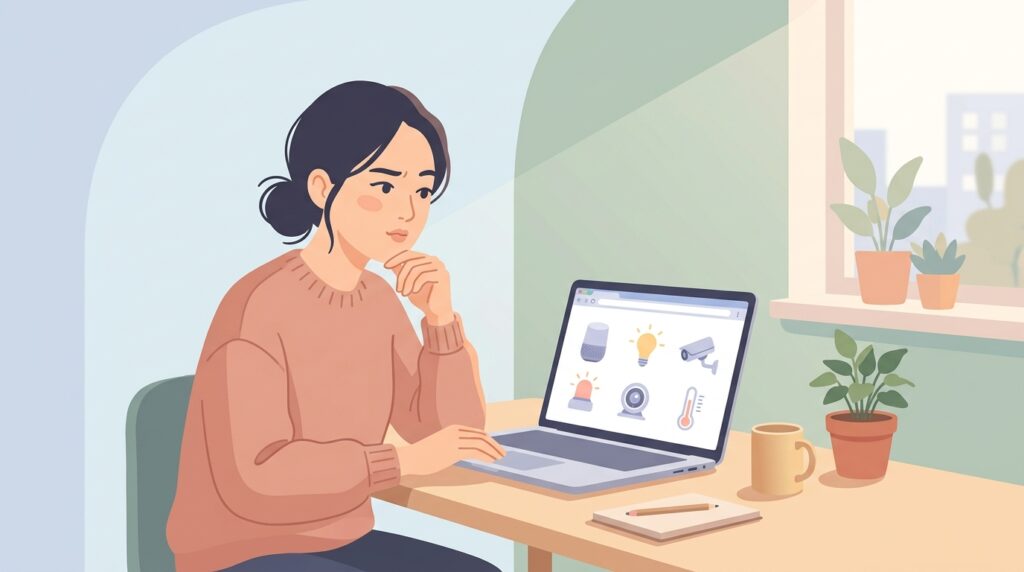 VeSyncブランドを調べる日本人女性のイラスト