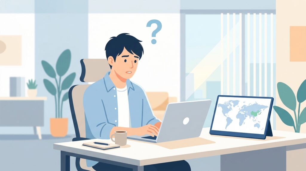 WINTENブランドの製造国を調べる男性と世界地図のイラスト