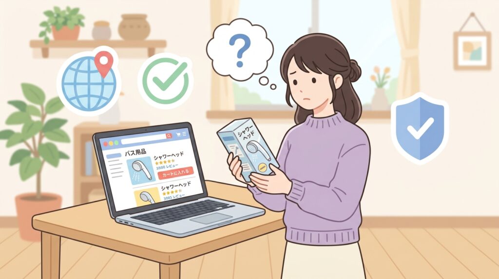 Xamicブランドのシャワーヘッドをオンラインショッピングで調べる女性のイラスト