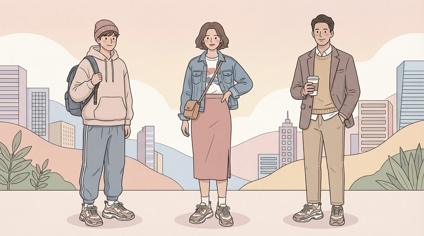 異なる年齢層がスポーティファッションを楽しむイラスト