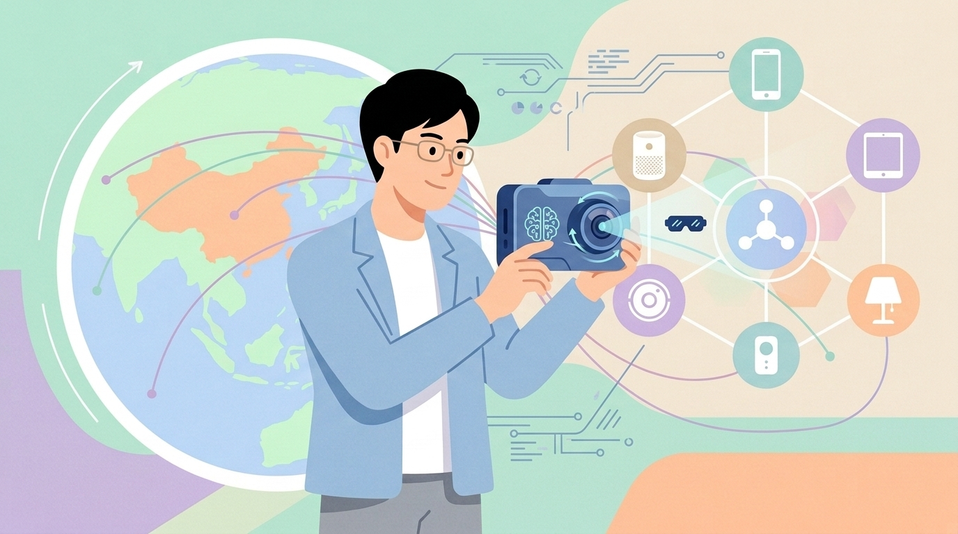 AI搭載360度回転カメラの技術を示すイラスト