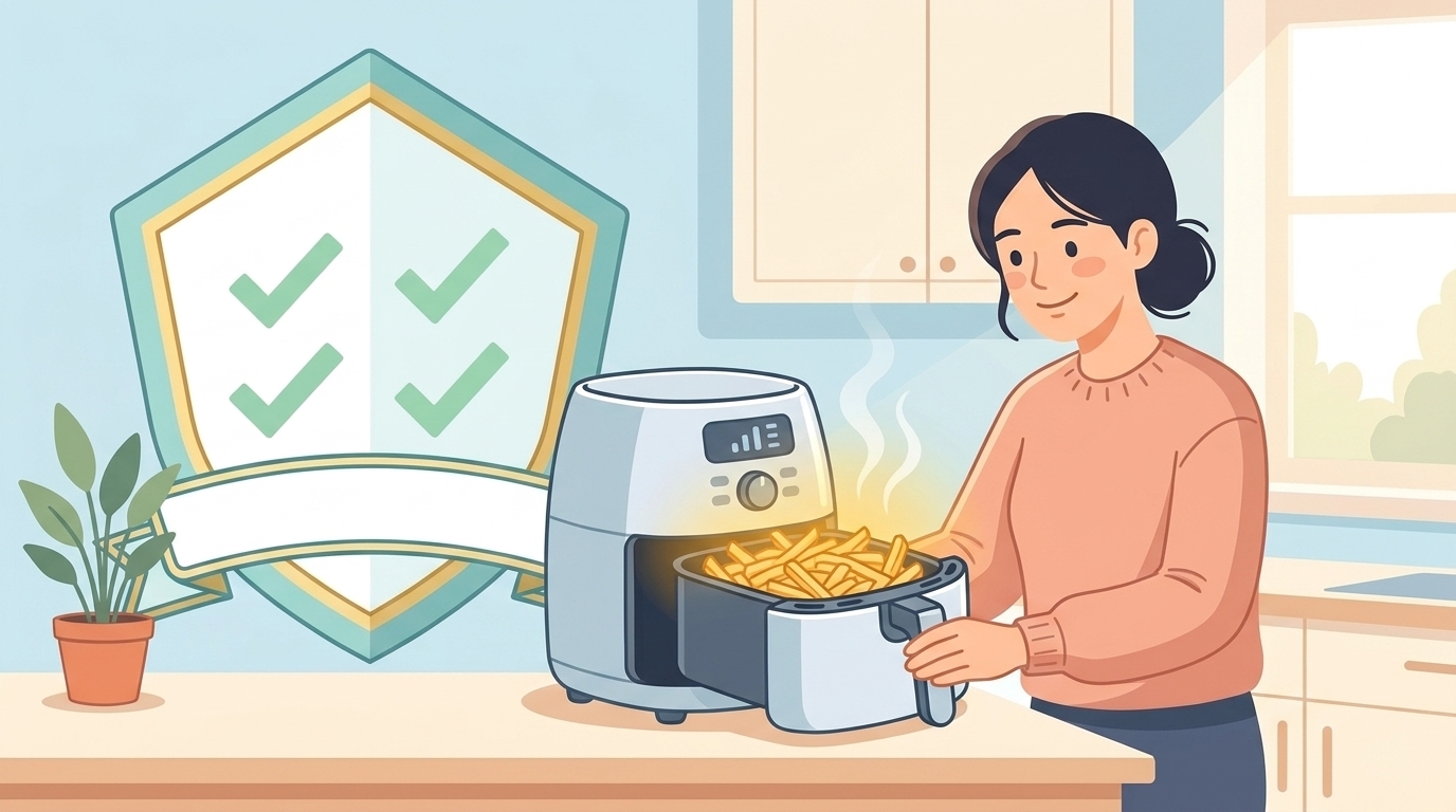 安全認証を受けたノンフライヤーで調理する女性のイラスト