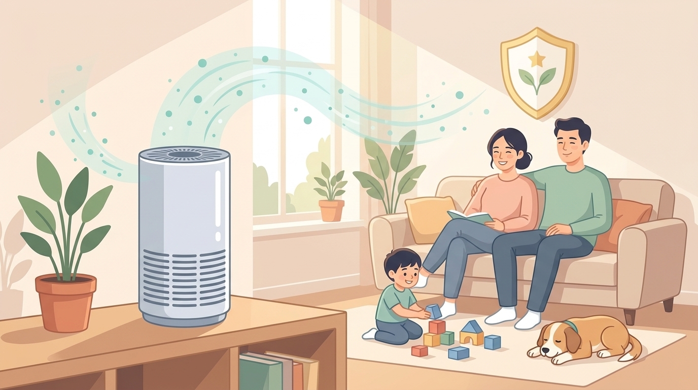 家族が安心してくつろぐリビングで稼働する空気清浄機のイラスト