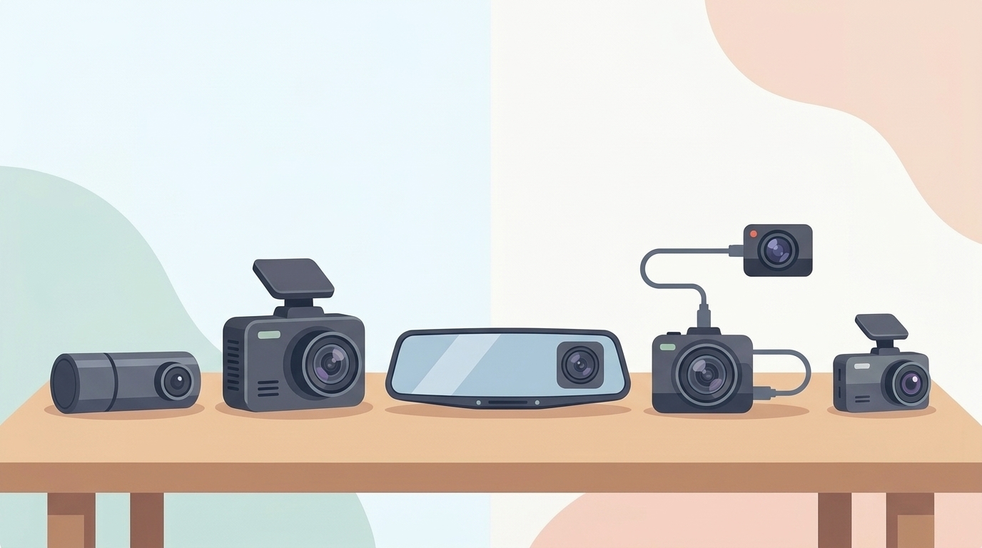 様々な種類のドライブレコーダーを比較するイラスト