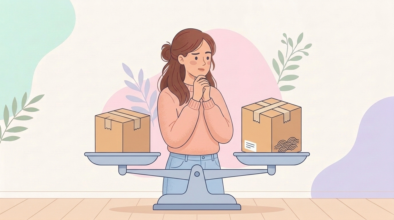 てんびんで2つの商品を比較検討する女性のイラスト