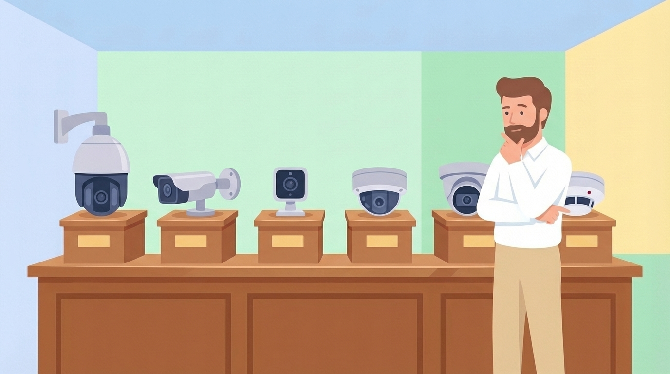 6種類の防犯カメラから選ぶ男性のイラスト