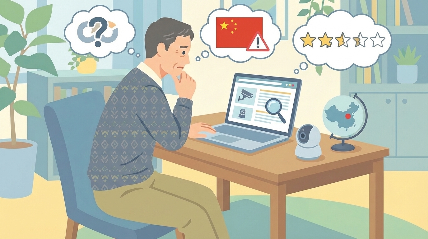 防犯カメラ購入に不安を感じる男性のイラスト