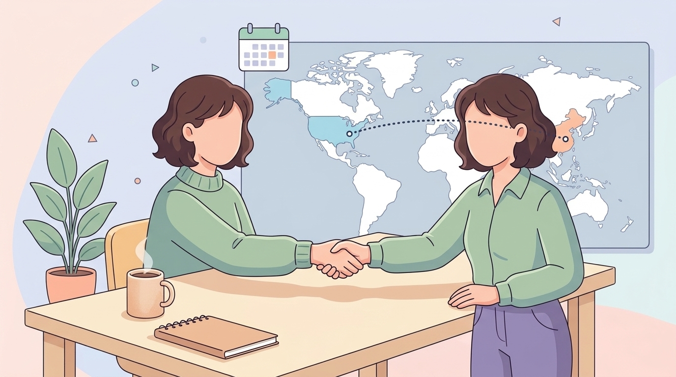 アメリカと中国を結ぶブランド買収の握手を表すイラスト