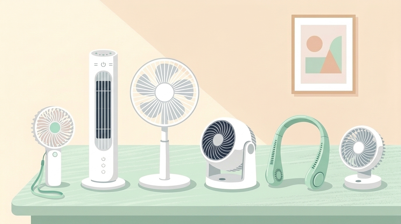 国内ブランドの扇風機が並ぶ選択肢のフラットイラスト