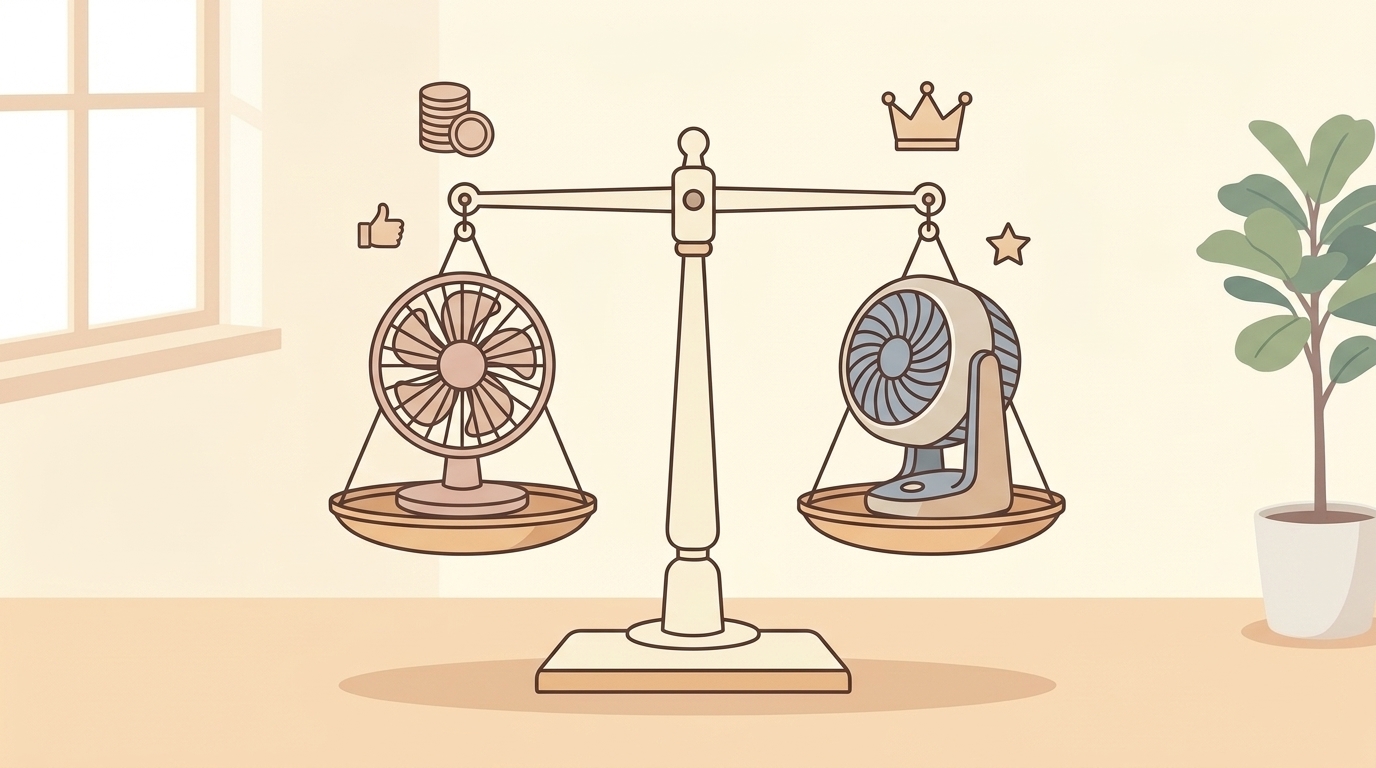 天秤で格安ブランドと日本ブランドのサーキュレーターを比較するイラスト