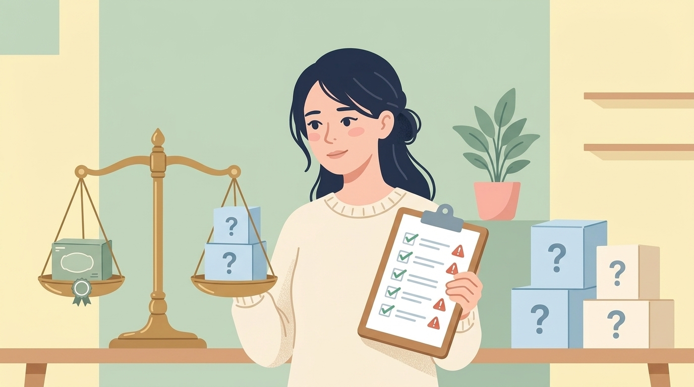 謎ブランドと信頼ブランドを天秤で比較するチェックリストのイラスト